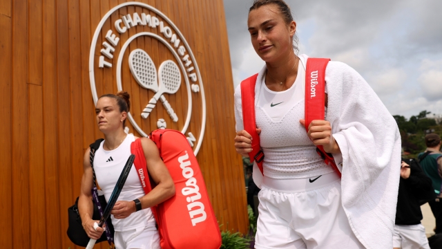 LONDON, ENGLAND - JUNE 29: Maria Sakkari of Greece and Aryna Sabalenka look on ahead of The Championships - Wimbledon 2023 at All England Lawn Tennis and Croquet Club on June 29, 2023 in London, England. (Photo by Clive Brunskill/Getty Images)
