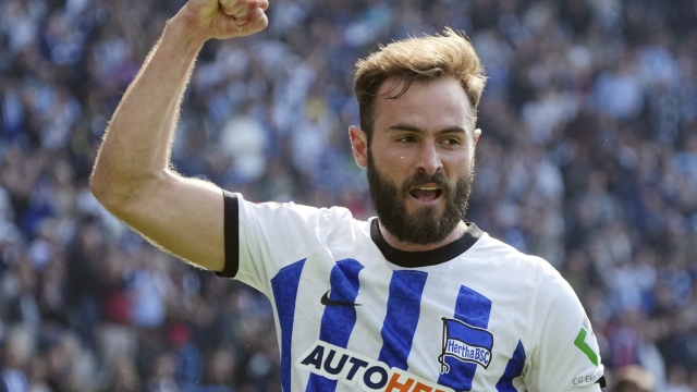 Hertha's Lucas Tousart celebrates his goal during the Bundesliga soccer match between Hertha BSC and VfL Bochum at Olympiastadion in Berlin, Saturday May 20, 2023. (Soeren Stache/dpa via AP)