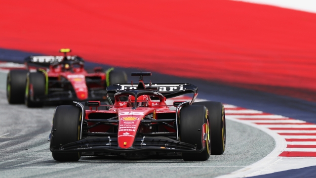 SPIELBERG, AUSTRIA - JULY 02: Charles Leclerc of Monaco driving the (16) Ferrari SF-23 leads Carlos Sainz of Spain driving (55) the Ferrari SF-23 on track during the F1 Grand Prix of Austria at Red Bull Ring on July 02, 2023 in Spielberg, Austria. (Photo by Peter Fox/Getty Images)