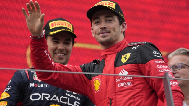 Second placed Ferrari driver Charles Leclerc of Monaco celebrates on the podium after the Austrian Formula One Grand Prix, at the Red Bull Ring racetrack, in Spielberg, Austria, Sunday, July 2, 2023. (AP Photo/Darko Bandic)