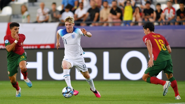 KUTAISI, GEORGIA - JULY 02: Anthony Gordon of England runs with the ball during the UEFA Under-21 Euro 2023 Quarter Final match between England and Portugal at Shengelia Arena on July 02, 2023 in Kutaisi, Georgia. (Photo by Levan Verdzeuli/Getty Images)