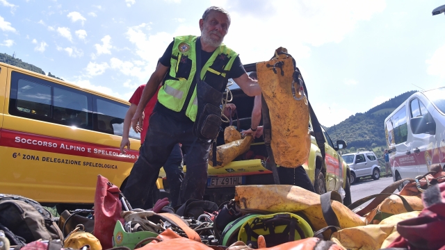 The return to the base camp of the speleologists who carried out the recovery operations of Ottavia Piana in Fonteno, Italy, 4 July 2023. ANSA/MICHELE MARAVIGLIA