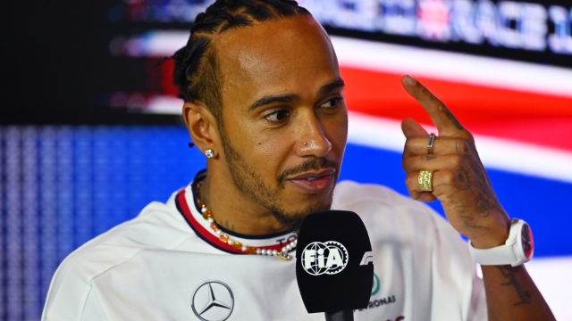 NORTHAMPTON, ENGLAND - JULY 06: Lewis Hamilton of Great Britain and Mercedes attends the Drivers Press Conference during previews ahead of the F1 Grand Prix of Great Britain at Silverstone Circuit on July 06, 2023 in Northampton, England. (Photo by Dan Mullan/Getty Images)