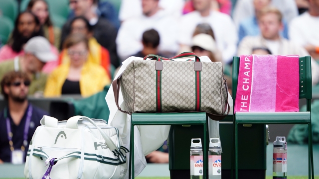 Jannik Sinner's Gucci bag on his seat ahead of his match against Diego Schwartzman on day three of the 2023 Wimbledon Championships at the All England Lawn Tennis and Croquet Club in Wimbledon. Picture date: Wednesday July 5, 2023. (Photo by Zac Goodwin/PA Images via Getty Images)
