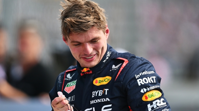 NORTHAMPTON, ENGLAND - JULY 08: Pole position qualifier Max Verstappen of the Netherlands and Oracle Red Bull Racing celebrates in parc ferme during qualifying ahead of the F1 Grand Prix of Great Britain at Silverstone Circuit on July 08, 2023 in Northampton, England. (Photo by Dan Mullan/Getty Images)