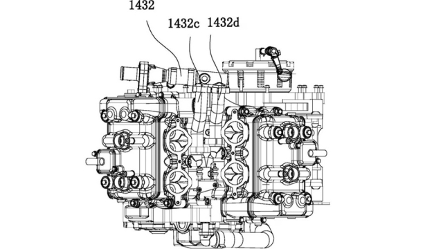 La visione alta del propulsore V4 nei disegni per il brevetto