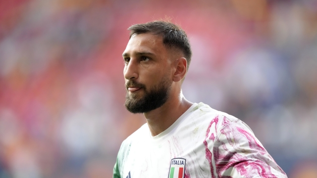 Italy goalkeeper Gianluigi Donnarumma stands on the pitch during warmup before the Nations League semifinal soccer match between Spain and Italy at De Grolsch Veste stadium in Enschede, eastern Netherlands, Thursday, June 15, 2023. (AP Photo/Peter Dejong)