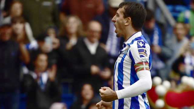 Real Sociedad's Spanish midfielder Mikel Oyarzabal celebrates scoring the opening goal during the Spanish league football match between Real Sociedad and Girona FC at the Reale Arena stadium in San Sebastian on May 13, 2023. (Photo by ANDER GILLENEA / AFP)