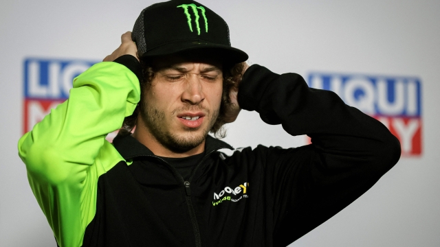 Mooney VR46 Racing Team's Italian rider Marco Bezzecchi reacts during a press conference ahead of the MotoGP German motorcycle Grand Prix at the Sachsenring racing circuit in Hohenstein-Ernstthal near Chemnitz, eastern Germany, on June 15, 2023. (Photo by Ronny Hartmann / AFP)