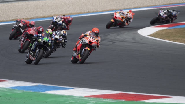 ASSEN, NETHERLANDS - JUNE 24: Marc Marquez of Spain and Repsol Honda Team leads the field during the MotoGP of Netherlands - Sprint at TT Circuit Assen on June 24, 2023 in Assen, Netherlands. (Photo by Mirco Lazzari gp/Getty Images)