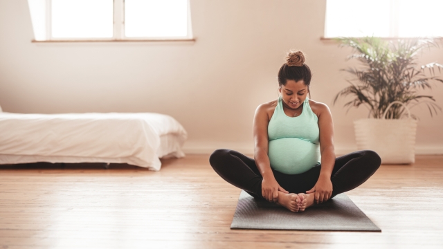 Portrait of young pregnant female working out at home. African pregnant woman practicing yoga at home. Prenatal groins stretch. Buddha Konasana Pose. Pregnancy yoga and fitness.