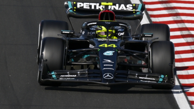 British Formula One driver Lewis Hamilton of Mercedes-AMG Petronas steers his car during the qualifying ahead of Sunday's Formula One Hungarian Grand Prix auto race, at the Hungaroring racetrack in Mogyorod, near Budapest, Hungary, Saturday, July 22, 2023. (AP Photo/Denes Erdos)