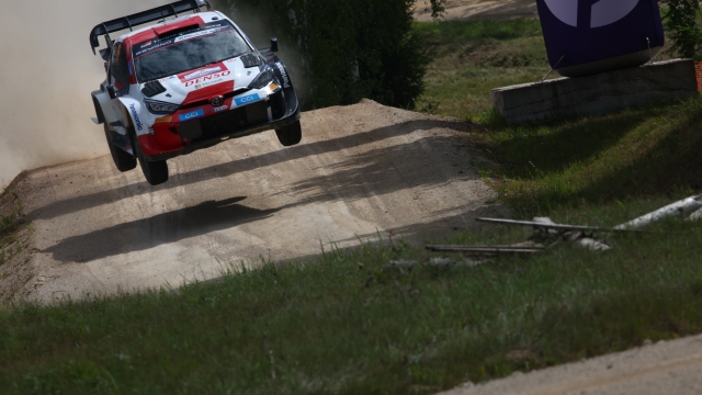TALLINN, ESTONIA - JULY 22:  Kalle Rovanpera of Finland and Jonne Halttunen of Finland compete with their Toyota Gazoo Racing WRT Toyota GR Yaris Rally1 #69 during Day Three of the FIA World Rally Championship Estonia on July 22, 2023 in Tallinn, Estonia. (Photo by Massimo Bettiol/Getty Images)