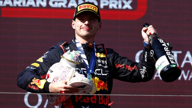 BUDAPEST, HUNGARY - JULY 23: Race winner Max Verstappen of the Netherlands and Oracle Red Bull Racing celebrates on the podium during the F1 Grand Prix of Hungary at Hungaroring on July 23, 2023 in Budapest, Hungary. (Photo by Francois Nel/Getty Images)