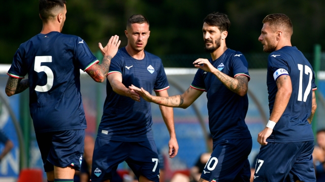 AURONZO DI CADORE, ITALY - JULY 23: Luis Alberto of SS Lazio celebrates a opening goal with his team mates during the friendly match between S.S. Lazio and Trisetina on July 23, 2023 in Auronzo di Cadore, Italy. (Photo by Marco Rosi - SS Lazio/Getty Images)