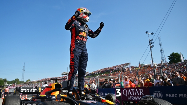 BUDAPEST, HUNGARY - JULY 23: Race winner Max Verstappen of the Netherlands and Oracle Red Bull Racing celebrates in parc ferme during the F1 Grand Prix of Hungary at Hungaroring on July 23, 2023 in Budapest, Hungary. (Photo by Dan Mullan/Getty Images)