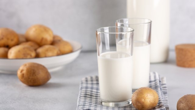Vegan friendly potato pilk in glasses on gray table. Alternative plant based milk and potato tubers - Image