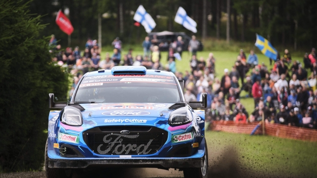 Ford's Estonian driver Ott Tanak and co-driver Martin Jarveoja drive during the shakedown of the WRC Rally Finland in Jyväskylä, Finland, on August 3, 2023. (Photo by Hannu Rainamo / Lehtikuva / AFP) / Finland OUT
