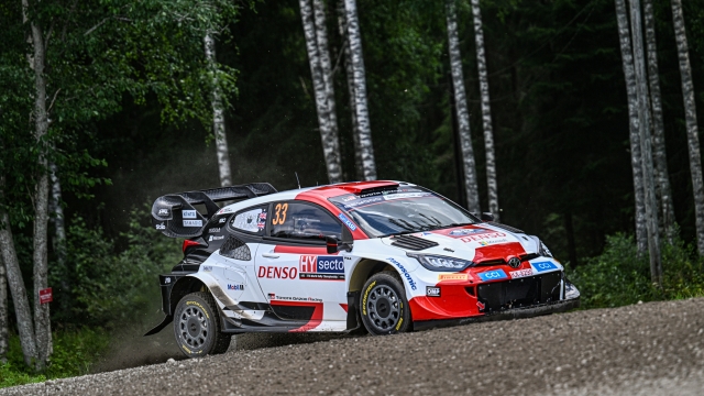 JYVASKYLA, FINLAND - AUGUST 03: Elfyn Evans of Great Britain and Scott Martin of Great Britain are competing with their Toyota Gazoo Racing WRT Toyota GR Yaris Rally1 #33 during Day One of the FIA World Rally Championship Finland on August 03, 2023 in Jyvaskyla, Finland. (Photo by Massimo Bettiol/Getty Images)
