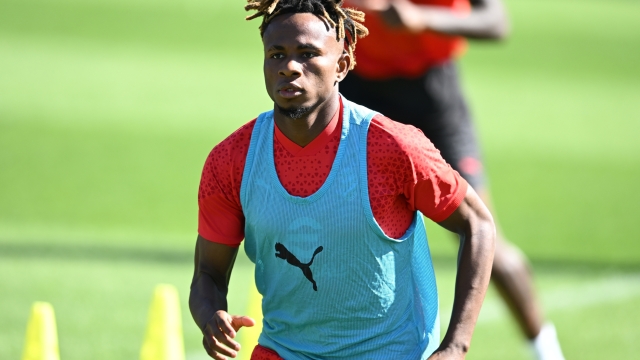 CAIRATE, ITALY - AUGUST 06: Samuel Chukwueze of AC Milan looks on during AC Milan training session at Milanello on August 06, 2023 in Cairate, Italy. (Photo by Claudio Villa/AC Milan via Getty Images)