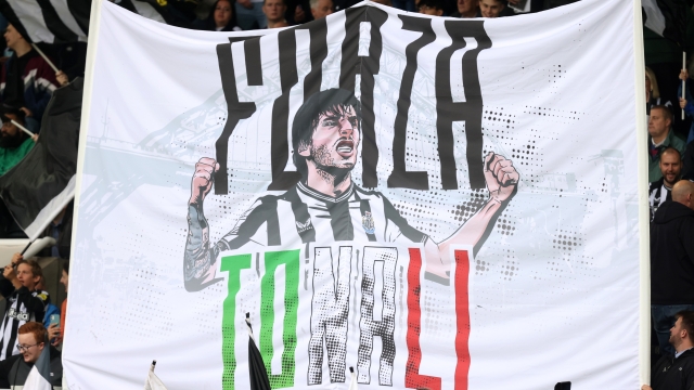 NEWCASTLE UPON TYNE, ENGLAND - AUGUST 05: Newcastle United fans raise a banner in support of Sandro Tonali of Newcastle United during the Sela Cup match between ACF Fiorentina and Newcastle United at St James' Park on August 05, 2023 in Newcastle upon Tyne, England. (Photo by George Wood/Getty Images)