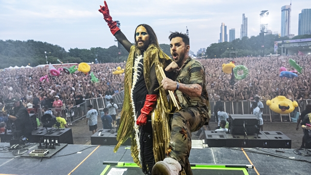 Jared Leto of Thirty Seconds to Mars performs on day two of the Lollapalooza Music Festival on Friday, Aug. 4, 2023, at Grant Park in Chicago. (Photo by Amy Harris/Invision/AP)