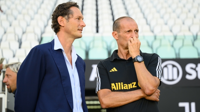 TURIN, ITALY - AUGUST 9: John Elkann, Massimiliano Allegri of Juventus during the friendly match between Juventus A and Juventus B at Allianz Stadium on August 9, 2023 in Turin, Italy. (Photo by Daniele Badolato - Juventus FC/Juventus FC via Getty Images)