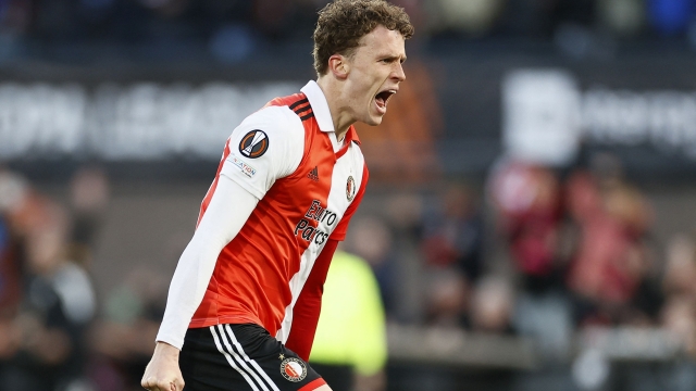 Feyenoord's Mats Wieffer  celebrates the opening goal  during the UEFA Europa League first leg quarter-final football match between Feyenoord Rotterdam and AS Roma at Feyenoord Stadion in Rotterdam on April 13, 2023. (Photo by Pieter Stam de Jonge / ANP / AFP) / Netherlands OUT