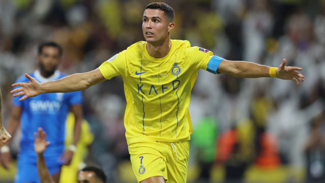 RIYADH, SAUDI ARABIA - AUGUST 12: Cristiano Ronaldo of Al Nassr celebrates after scoring the team's second goal during the Arab Club Champions Cup Final between Al Hilal and Al Nassr at King Fahd International Stadium on August 12, 2023 in Riyadh, Saudi Arabia. (Photo by Yasser Bakhsh/Getty Images)