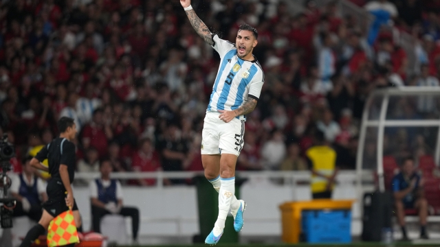 JAKARTA, INDONESIA - JUNE 19: Leandro Paredes of Argentina celebrates after scoring the team's first goal during the international friendly between Indonesia and Argentina at Gelora Bung Karno Stadium on June 19, 2023 in Jakarta, Indonesia. (Photo by Thananuwat Srirasant/Getty Images)