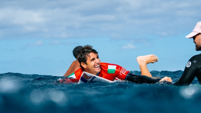 TEAHUPOʻO, TAHITI, FRENCH POLYNESIA - AUGUST 11: Leonardo Fioravanti of Italy after surfing in Heat 8 of the Opening Round at the SHISEIDO Tahiti Pro on August 11, 2023 at Teahupoʻo, Tahiti, French Polynesia. (Photo by Beatriz Ryder/World Surf League)