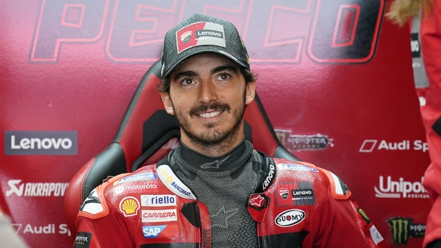 epa10785814 Francesco Bagnaia, Italian, Ducati Lenovo Team during qualifying at the Motorcycling Grand Prix of Great Britain at the Silverstone race track, Britain, 5th August 2023.  EPA/TIM KEETON