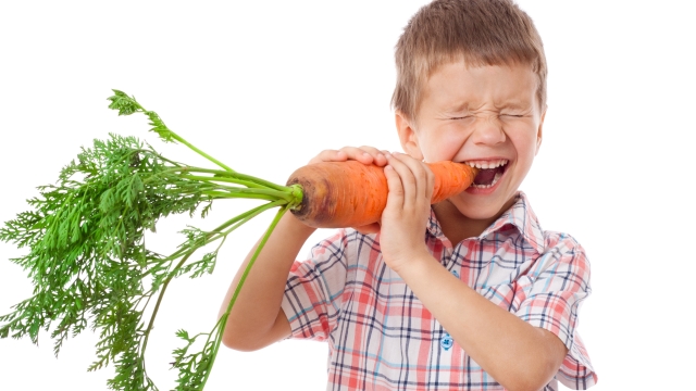 Little boy biting the carrot, isolated on white