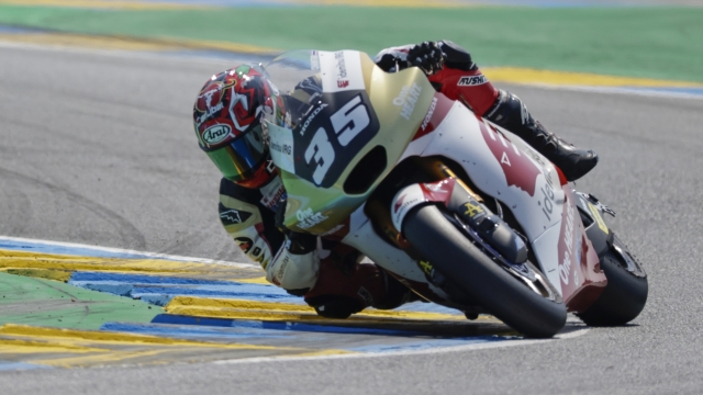 Thailand's rider Somkiat Chantra of the IDEMITSU Honda Team Asia steers his motorcycle during the Moto 2 race of the French Motorcycle Grand Prix at the Le Mans racetrack, in Le Mans, France, Sunday, May 14, 2023. (AP Photo/Jeremias Gonzalez)