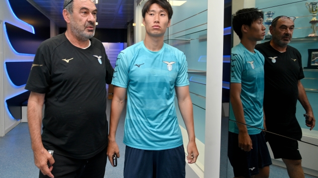 ROME, ITALY - AUGUST 07: SS Lazio head coach Maurizio Sarri and Daichi Kamada of SS Lazio during the SS Lazio training session at the Formello sport centre on August 07, 2023 in Rome, Italy. (Photo by Marco Rosi - SS Lazio/Getty Images)