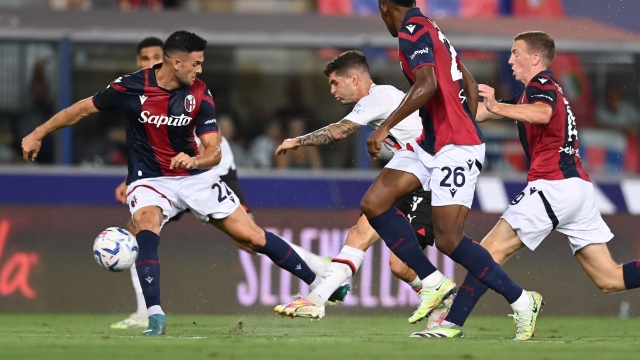 BOLOGNA, ITALY - AUGUST 21:  Christian Pulisic of AC Milan scores the second goal during the Serie A TIM match between Bologna FC and AC Milan at Stadio Renato Dall'Ara on August 21, 2023 in Bologna, Italy. (Photo by Claudio Villa/AC Milan via Getty Images)