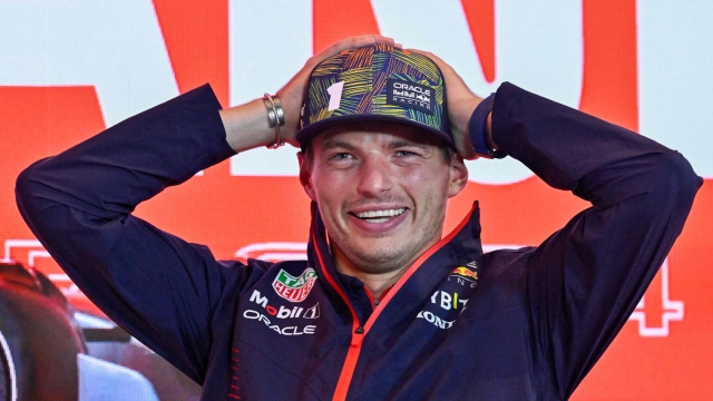 Red Bull Racing's Dutch driver Max Verstappen reacts during a press conference ahead of the Dutch Formula One Grand Prix, in Zandvoort on August 24, 2023. The 2023 Dutch Grand Prix will take place on August 27, 2023. (Photo by John THYS / AFP)