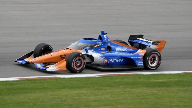 Scott Dixon drives during an IndyCar auto race at World Wide Technology Raceway, Sunday, Aug. 27, 2023, in Madison, Ill. (AP Photo/Jeff Roberson)