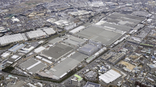 This aerial photo shows Toyota's Motomachi plant on March 1, 2022, in Toyota, central Japan. All 28 vehicle assembly lines at Toyota?s 14 auto plants in Japan shut down Tuesday, Aug. 29, 2023, over a problem in its computer system that deals with incoming auto parts.(Kyodo News via AP)