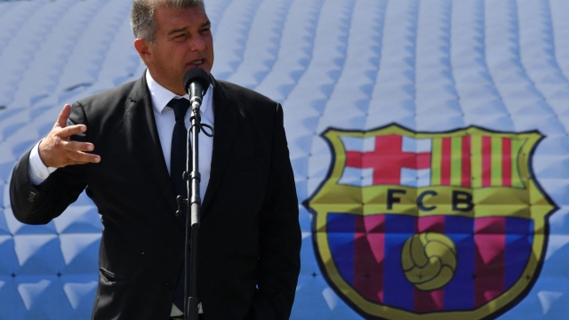 FC Barcelona's President Joan Laporta gives a speech at a ceremony to place a time capsule, a symbolic act to mark the beginning of the construction of a second Barcelona Academy in Kyrgyzstan and the first two in Central Asia, in the capital Bishkek on August 30, 2023. (Photo by VYACHESLAV OSELEDKO / AFP)