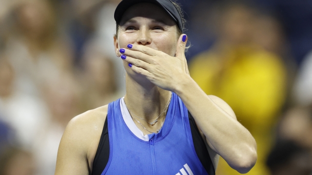 NEW YORK, NEW YORK - AUGUST 30: Caroline Wozniacki of Denmark celebrates after defeating Petra Kvitova of Czech Republic during their Women's Singles Second Round match on Day Three of the 2023 US Open at the USTA Billie Jean King National Tennis Center on August 30, 2023 in the Flushing neighborhood of the Queens borough of New York City.   Sarah Stier/Getty Images/AFP (Photo by Sarah Stier / GETTY IMAGES NORTH AMERICA / Getty Images via AFP)