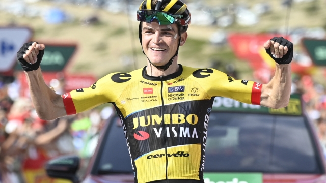 Team Jumbo-Visma's US rider Sepp Kuss celebrates winning the sixth stage of the 2023 La Vuelta cycling tour of Spain, a 183,1 km race from La Vall d'Uixo to Alto de Javalambre, on August 31, 2023. (Photo by JOSE JORDAN / AFP)