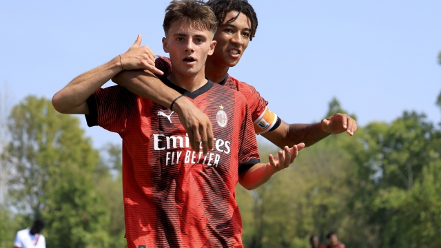 MILAN, ITALY - SEPTEMBER 02: Diego Sia of AC Milan celebrates with Kevin Zeroli after scoring the his team's second goal during the Primavera 1 match between AC Milan U19 and Bologna FC U19 at Centro Sportivo Vismara - PUMA House of Football on September 02, 2023 in Milan, Italy. (Photo by Giuseppe Cottini/AC Milan via Getty Images)