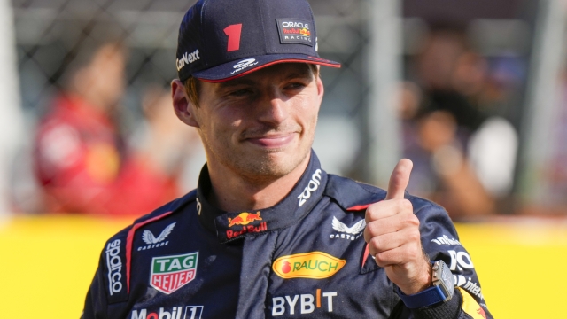 Red Bull driver Max Verstappen of the Netherlands celebrates his second position after the qualifying session ahead of Sunday's Formula One Italian Grand Prix auto race, at the Monza racetrack, in Monza, Italy, Saturday, Sept. 2, 2023. (AP Photo/Luca Bruno)