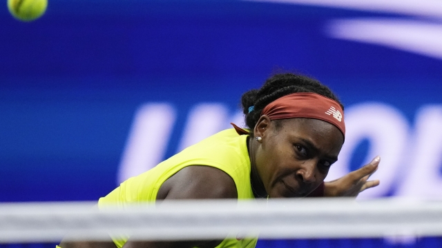 Coco Gauff, of the United States, returns a shot to Elise Mertens, of Belgium, during the third round of the U.S. Open tennis championships, Friday, Sept. 1, 2023, in New York. (AP Photo/Frank Franklin II)