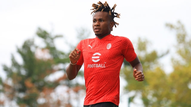 CAIRATE, ITALY - AUGUST 28: Samuel Chukwueze of AC Milan looks on during an AC Milan training session at Milanello on August 28, 2023 in Cairate, Italy. (Photo by Giuseppe Cottini/AC Milan via Getty Images)