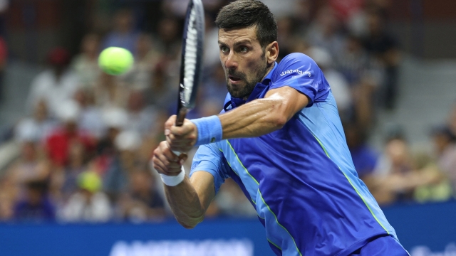 NEW YORK, NEW YORK - SEPTEMBER 03: Novak Djokovic of Serbia plays a shot against Borna Gojo of Croatia during their Men's Singles Fourth Round match on Day Seven of the 2023 US Open at the USTA Billie Jean King National Tennis Center on September 03, 2023 in the Flushing neighborhood of the Queens borough of New York City.   Elsa/Getty Images/AFP (Photo by ELSA / GETTY IMAGES NORTH AMERICA / Getty Images via AFP)