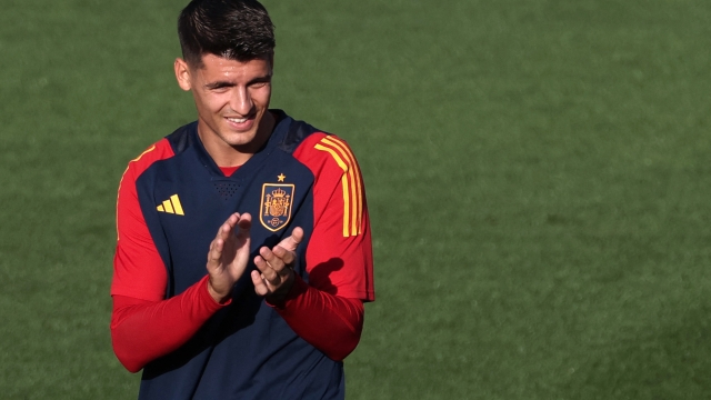 Spain's captain Alvaro Morata attends a training session at the Ciudad del Futbol training facilities in Las Rozas de Madrid on September 4, 2023. Spain's men football team rejected today the "unacceptable behavior" of the suspended president of the Spanish football federation, Luis Rubiales, with his forced kiss on the player Jenni Hermoso. Morata, accompanied by the other three captains of the team, read the supporting letter for the women team before attending a training session, at the Ciudad del Futbol de Las Rozas, near Madrid. (Photo by Pierre-Philippe MARCOU / AFP)