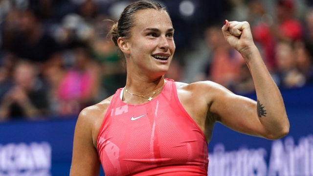 epa10840905 Aryna Sabalenka of Belarus reacts to winning her fourth round match against Daria Kasatkina of Russia at the US Open Tennis Championships at the USTA National Tennis Center in Flushing Meadows, New York, USA, 04 September 2023. The US Open runs from 28 August through 10 September.  EPA/WILL OLIVER