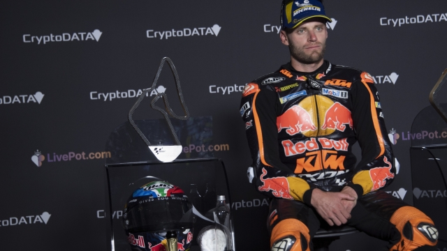 SPIELBERG, AUSTRIA - AUGUST 20:  Brad Binder of South Africa and Red Bull KTM Factory Racing  looks on during the press conference at the end of the MotoGP race during the MotoGP of Austria - Race at Red Bull Ring on August 20, 2023 in Spielberg, Austria. (Photo by Mirco Lazzari gp/Getty Images)